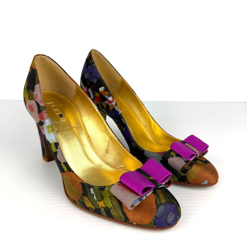 J.Crew Womens Trixie Floral Fabric Block Heel Pumps Italy Purple Bow Size 8.5